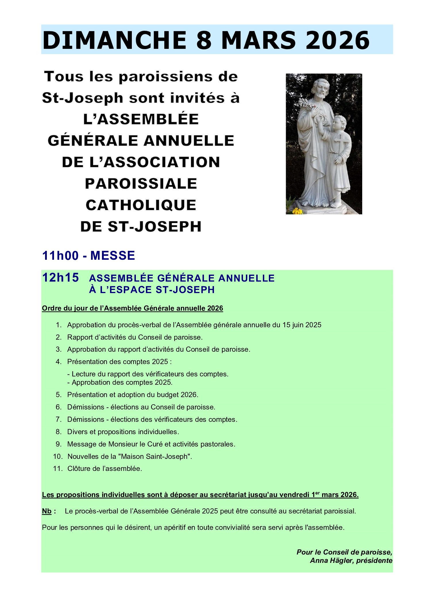 Assemblée générale annuelle du 8 mars 2026, St-Joseph