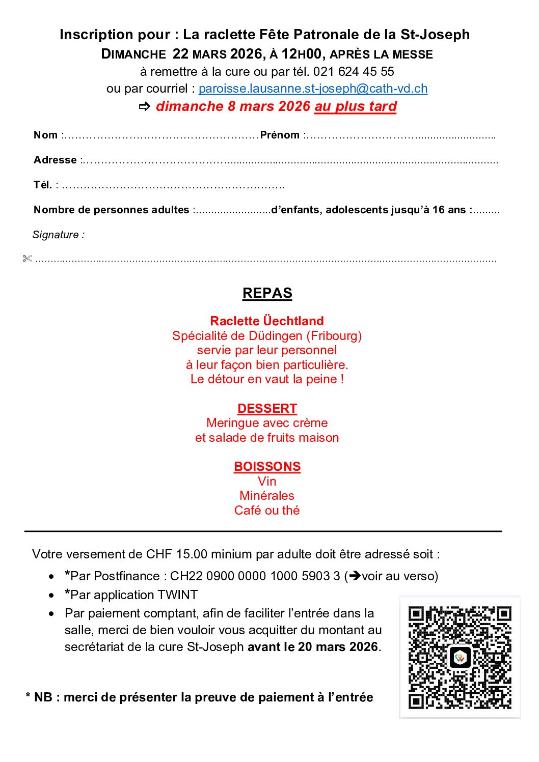 Patronale bulletin d'inscription 22.03.2026