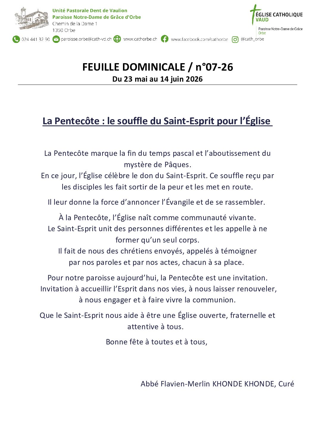 Feuille dominicale du 23mai au 14 juin 2026