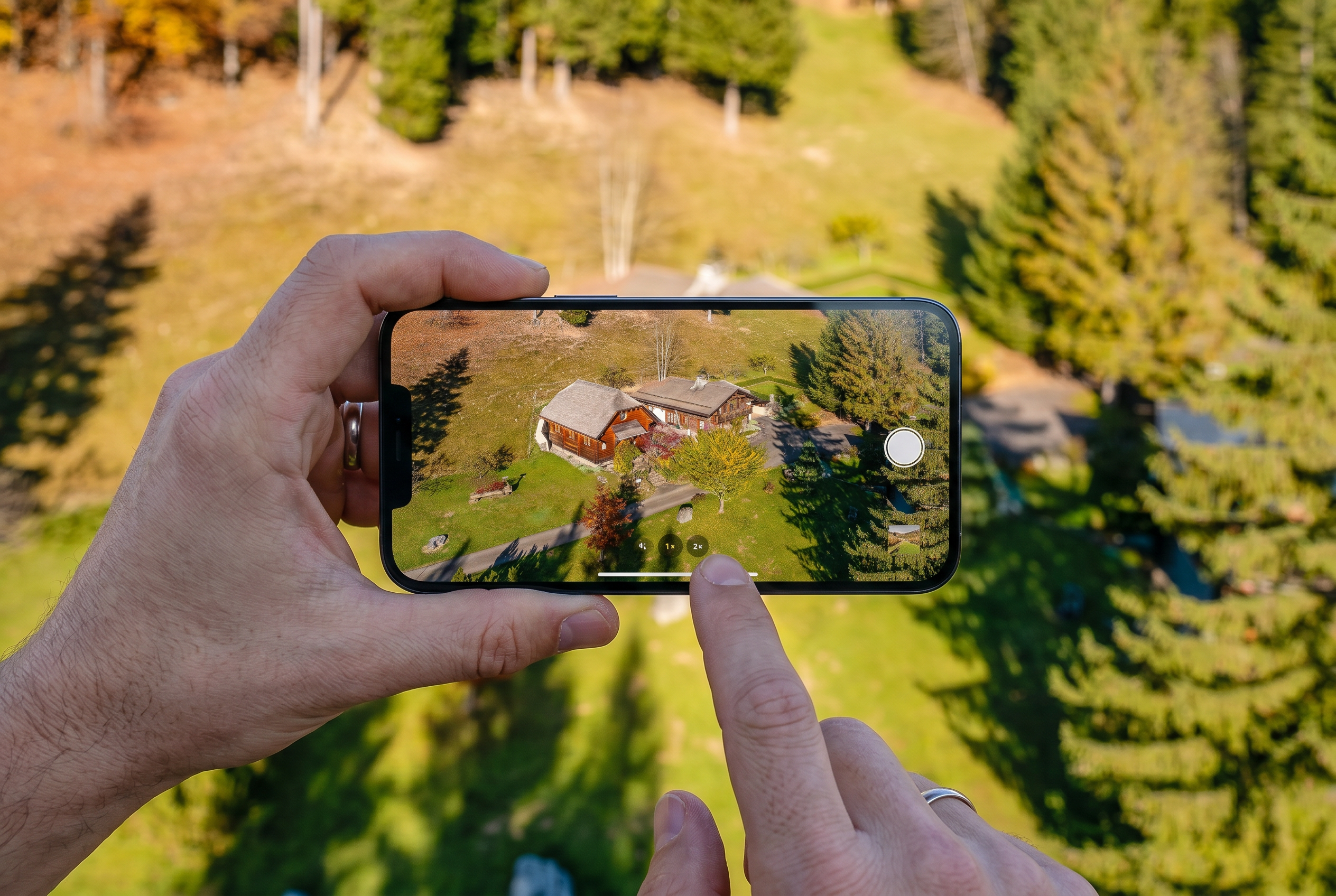 Main tenant un smartphone affichant une vue aérienne d’un chalet en montagne entouré de forêt et de prairie.