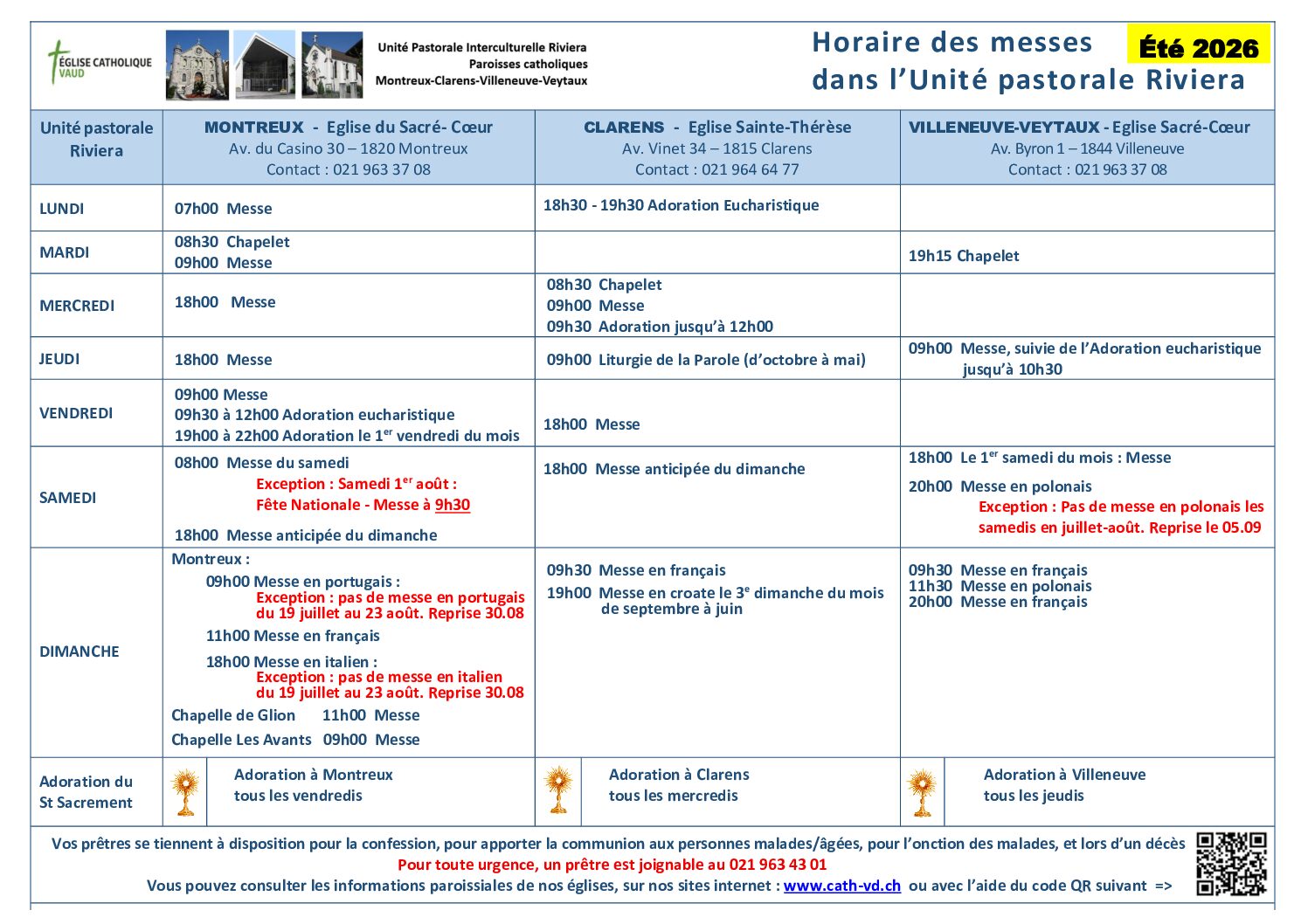 Horaire messes UP pendant l'été