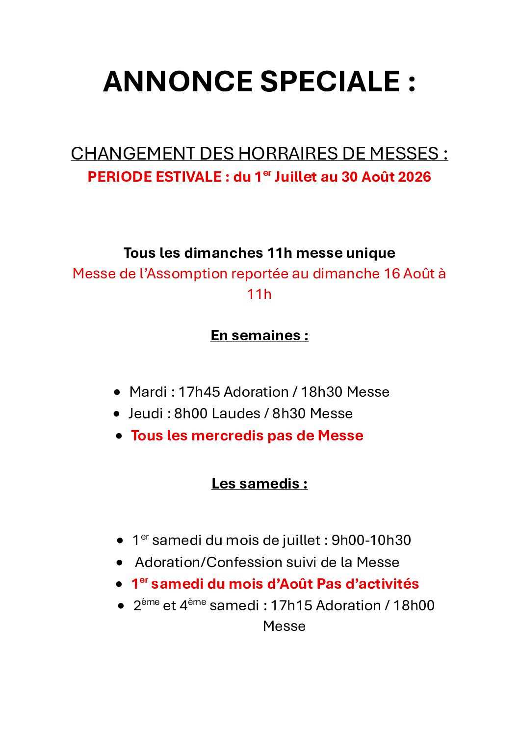 Horaires messe juillet aout 2026