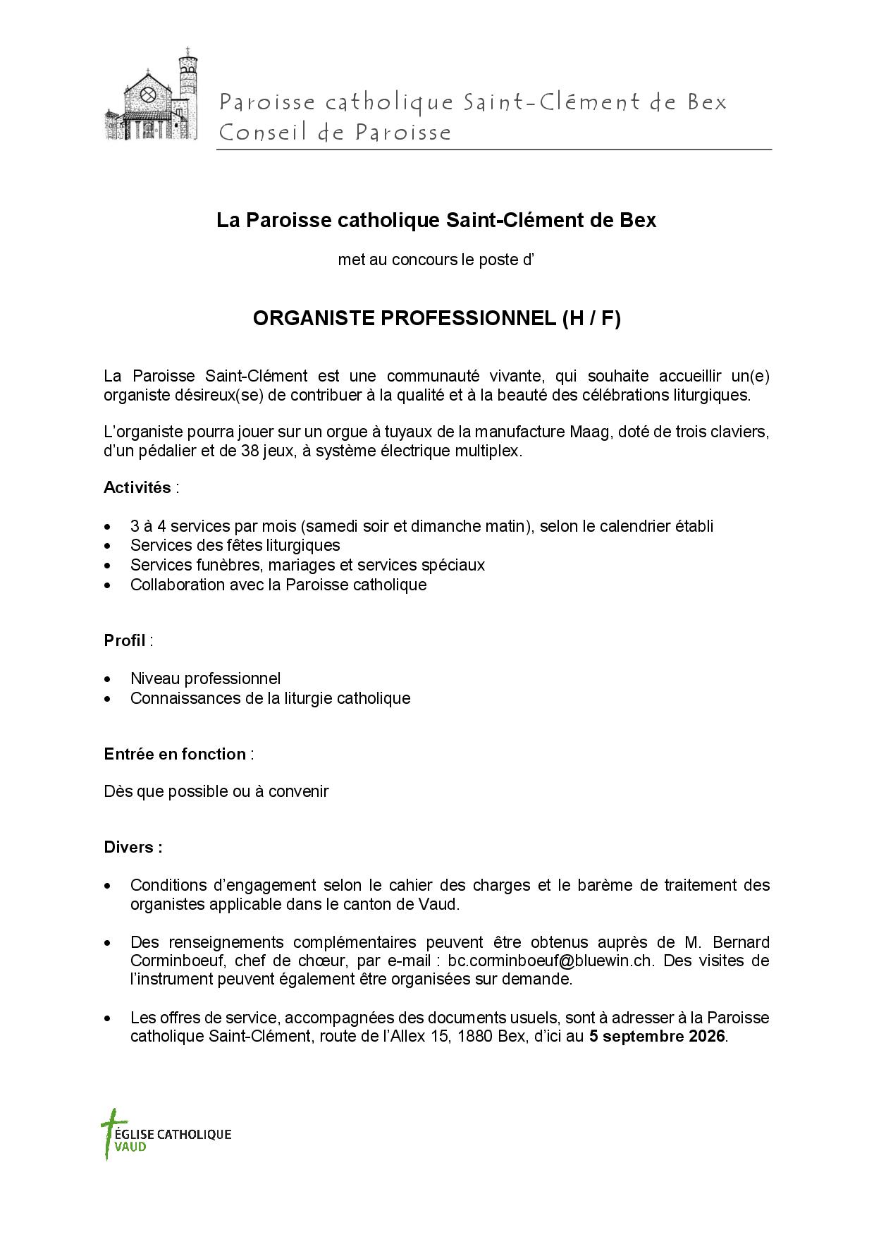 Annonce pour un organiste à Bex